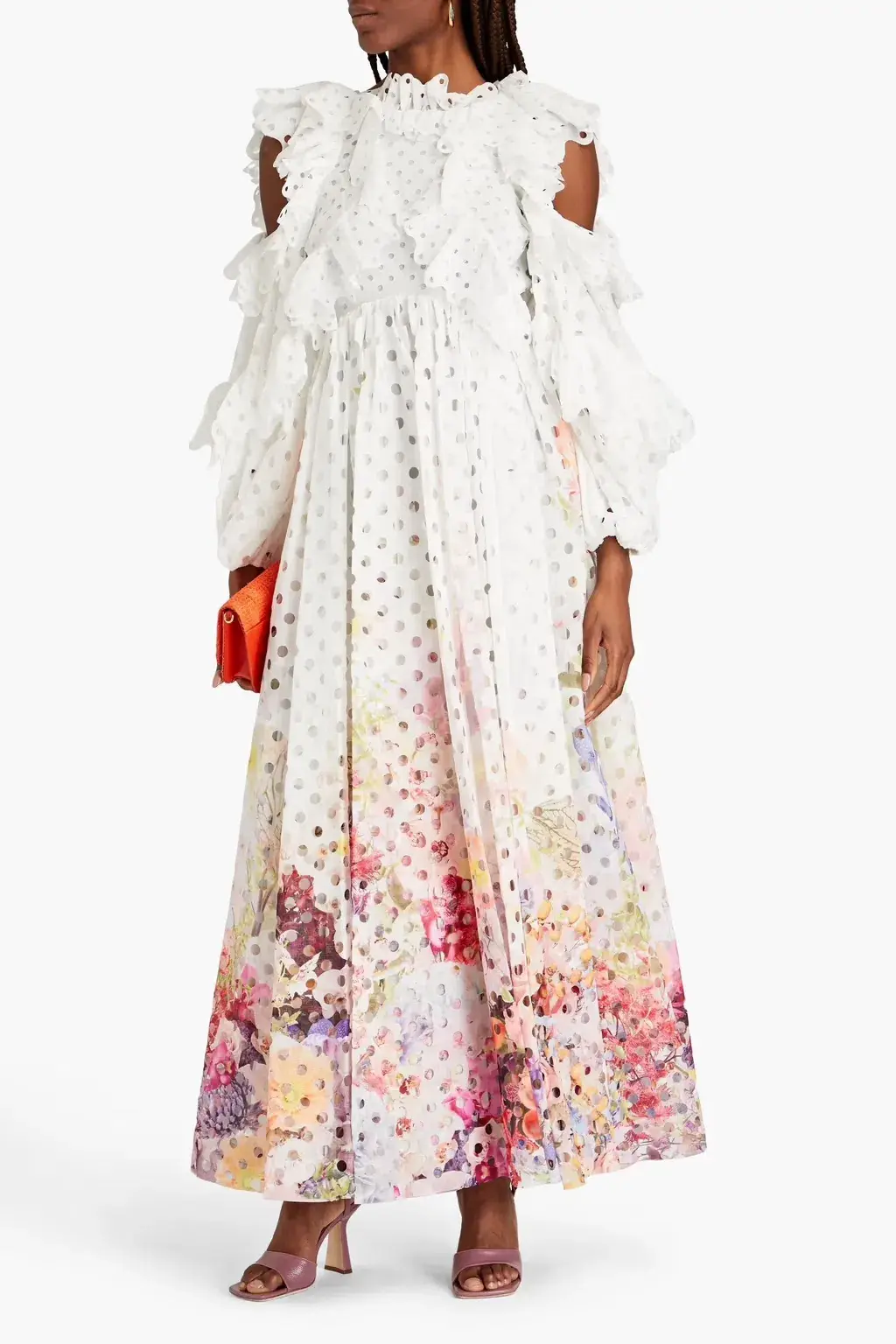 Zimmermann Prima Ruffled Laser Cut Gauze Gown Multi Floral Print Size 0 / AU 8 - Image 1