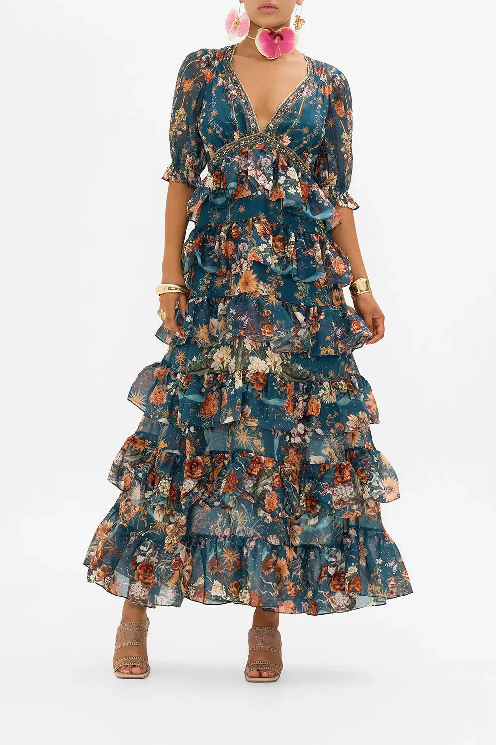 Camilla She Who Wears the Crown Puff Sleeve Tiered Long Dress Floral Size S (AU 10) - Image 1