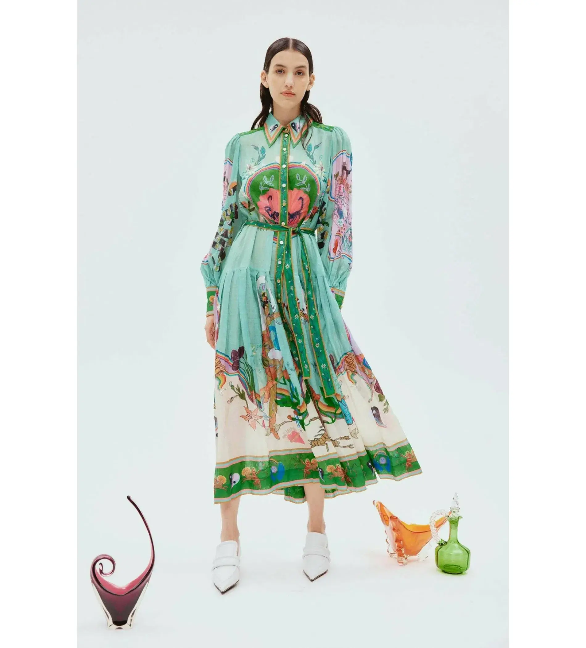 Alemais Evergreen Midi Shirtdress Green/Print Size 14 - Image 1