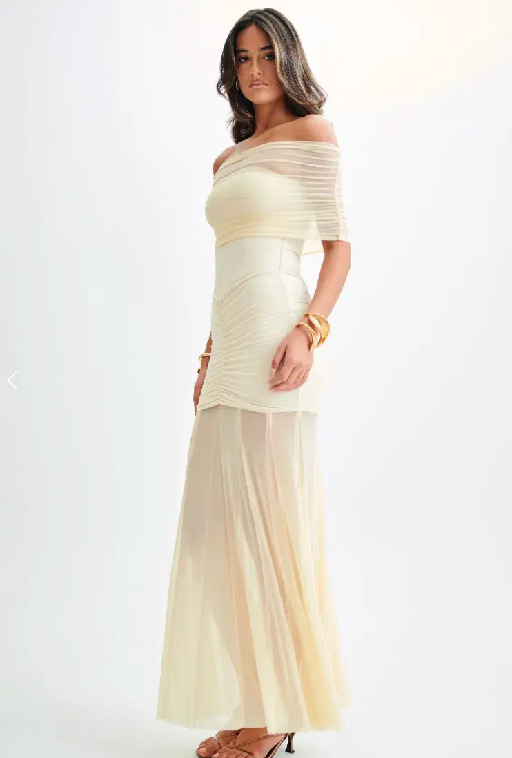 Meshki Caspian Slinky And Mesh Off Shoulder Maxi Dress Ivory Size M / AU 10 for rent on The Volte - main image