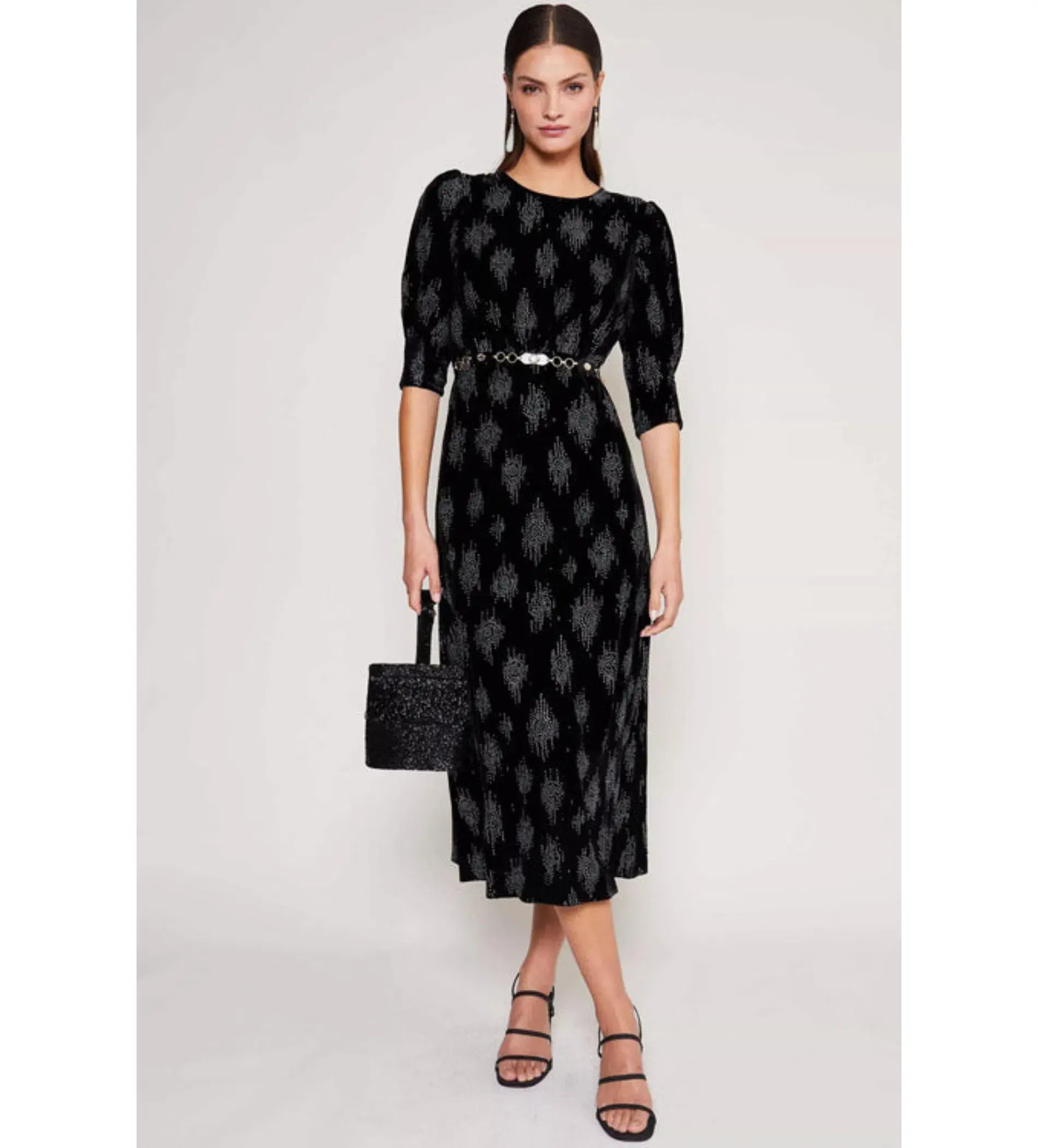 RIXO Lucile Velvet Droplet Glitter Midi Dress Black Size 6 - Image 1