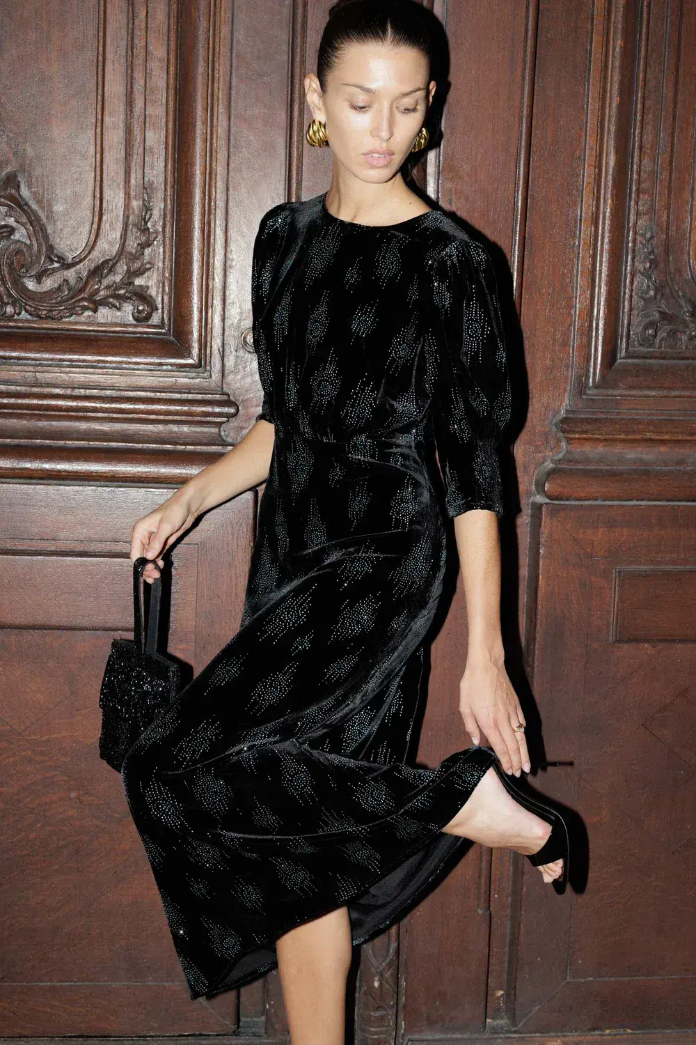 RIXO Lucile Velvet Droplet Glitter Midi Dress Black Size 6 - Image 5