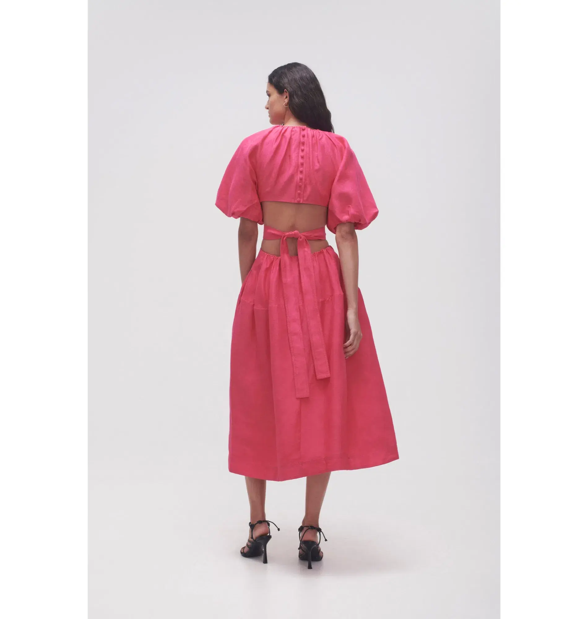 Aje Mimosa Cutout Midi Dress Puff Sleeves Hot Pink Size AU 16 - Image 3