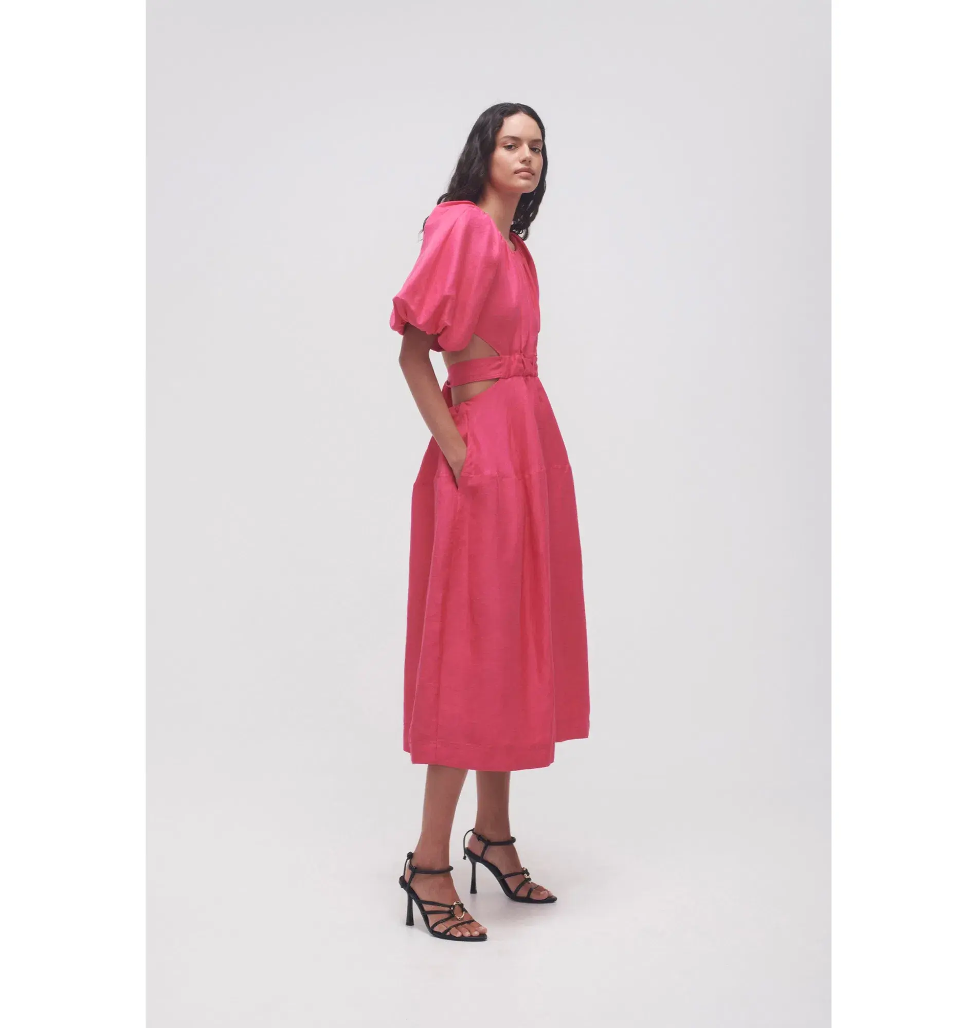 Aje Mimosa Cutout Midi Dress Puff Sleeves Hot Pink Size AU 16 - Image 2