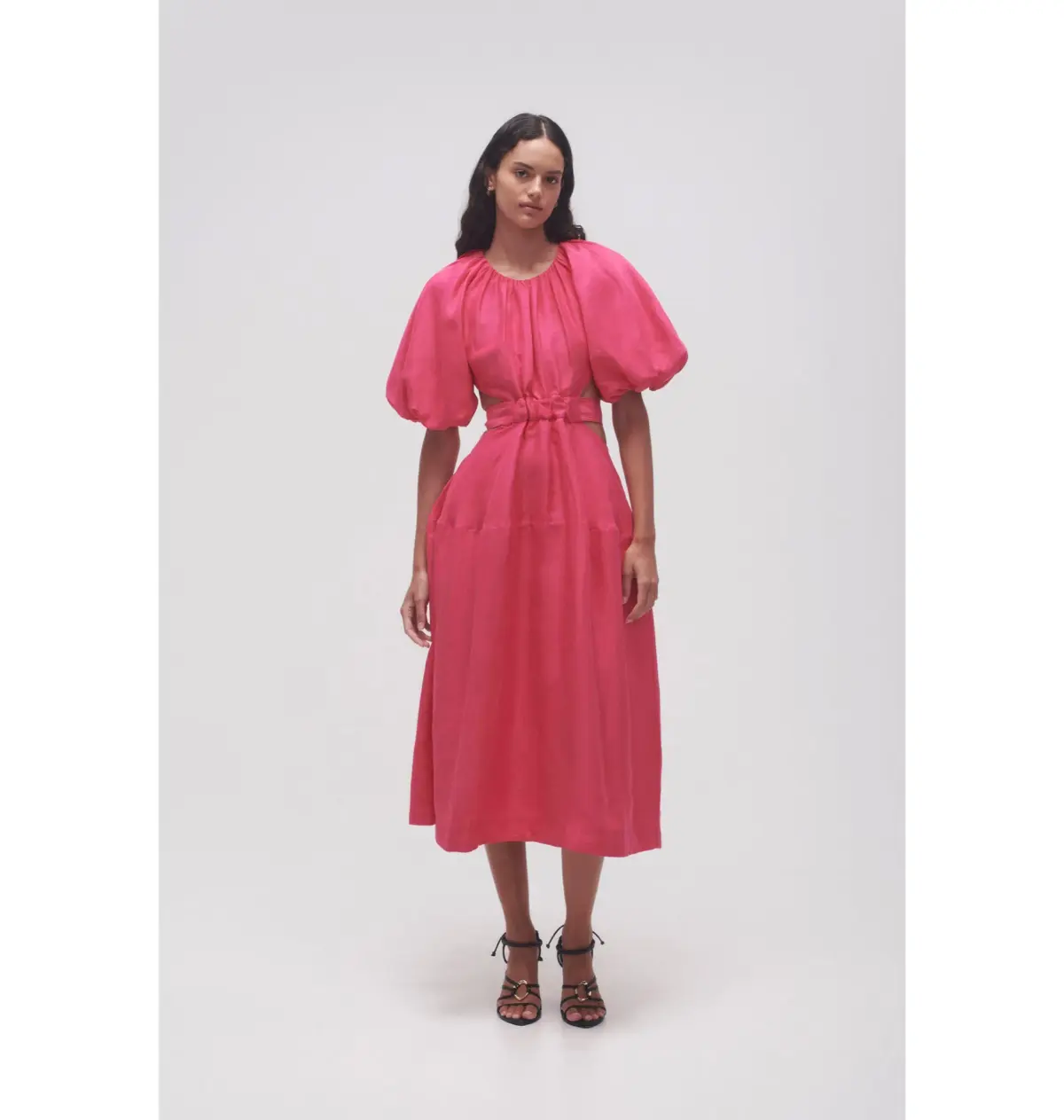 Aje Mimosa Cutout Midi Dress Puff Sleeves Hot Pink Size AU 16 - Image 1