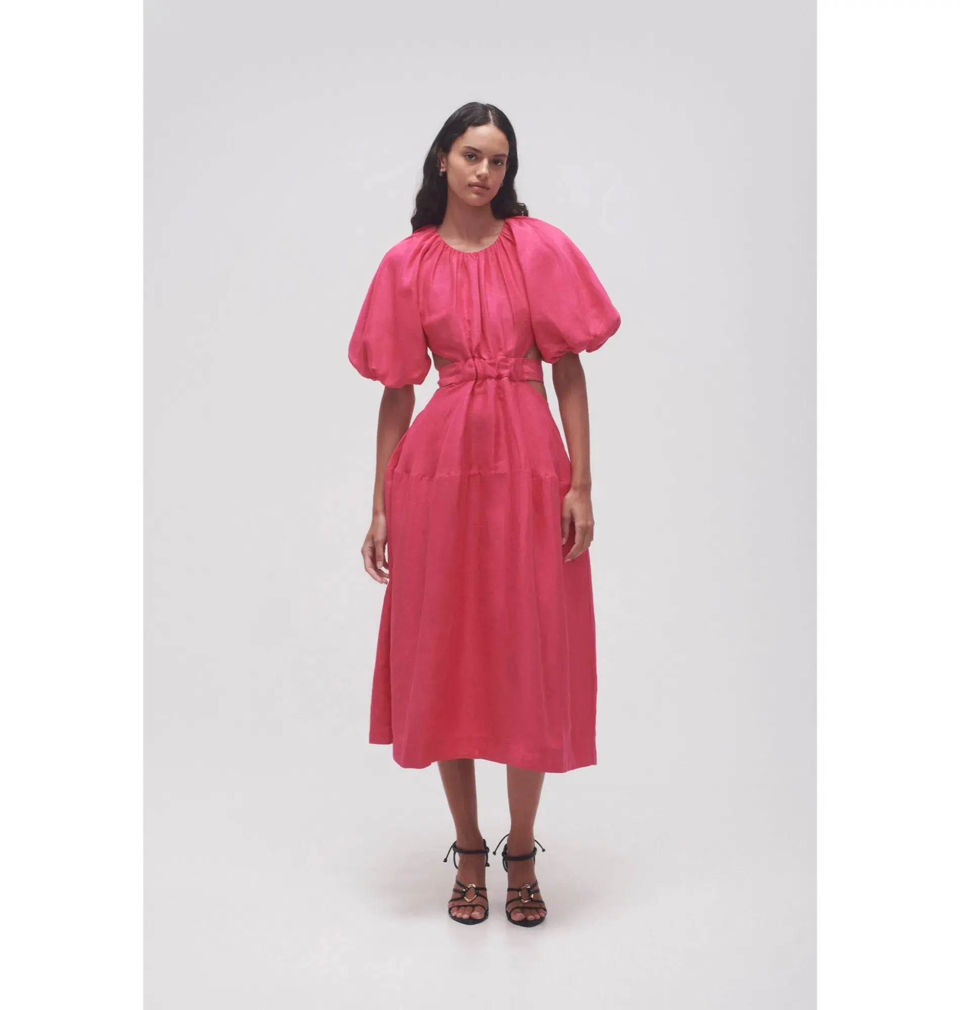 Aje Mimosa Cutout Midi Dress Puff Sleeves Hot Pink Size AU 16 - Image 1