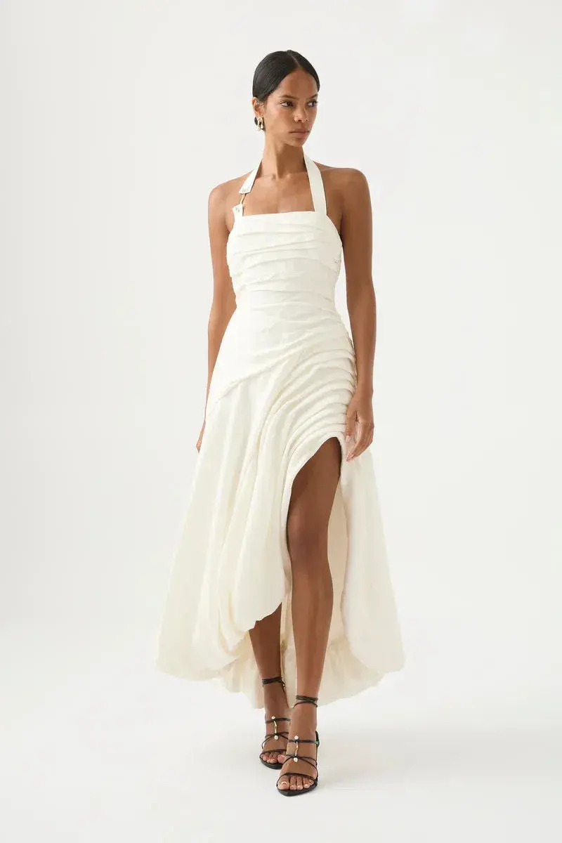 Aje Mika Draped Split Midi Dress Ivory Size 10 - Image 1
