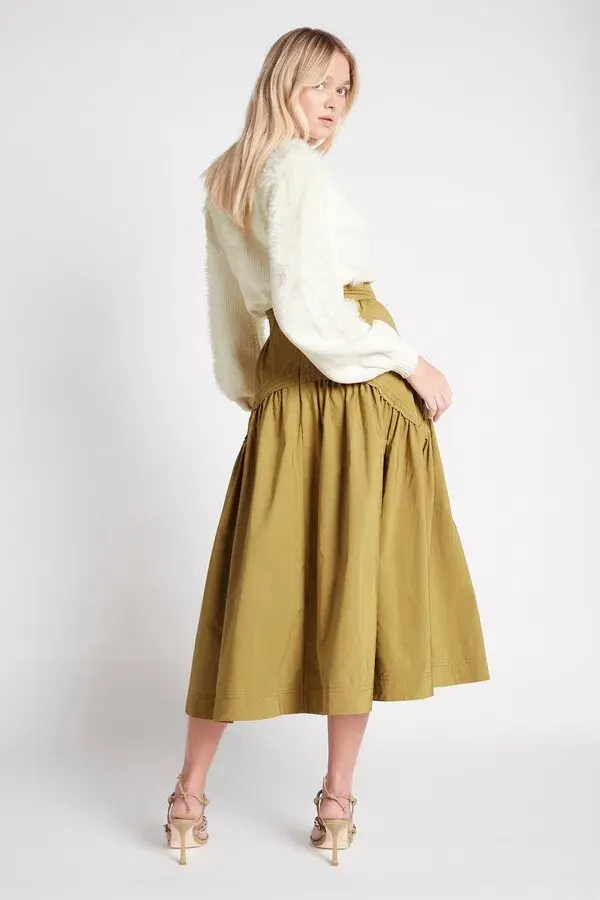 Aje Cosmos Drawstring Midi Skirt in Olive Green Size 10 for rent on The Volte - main image