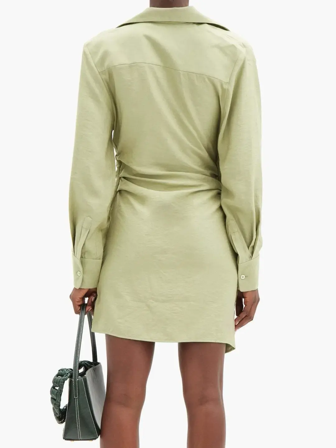 Jacquemus La Robe Bahia Draped Shirt Mini Dress in Sage Green Size 6 for rent on The Volte - main image