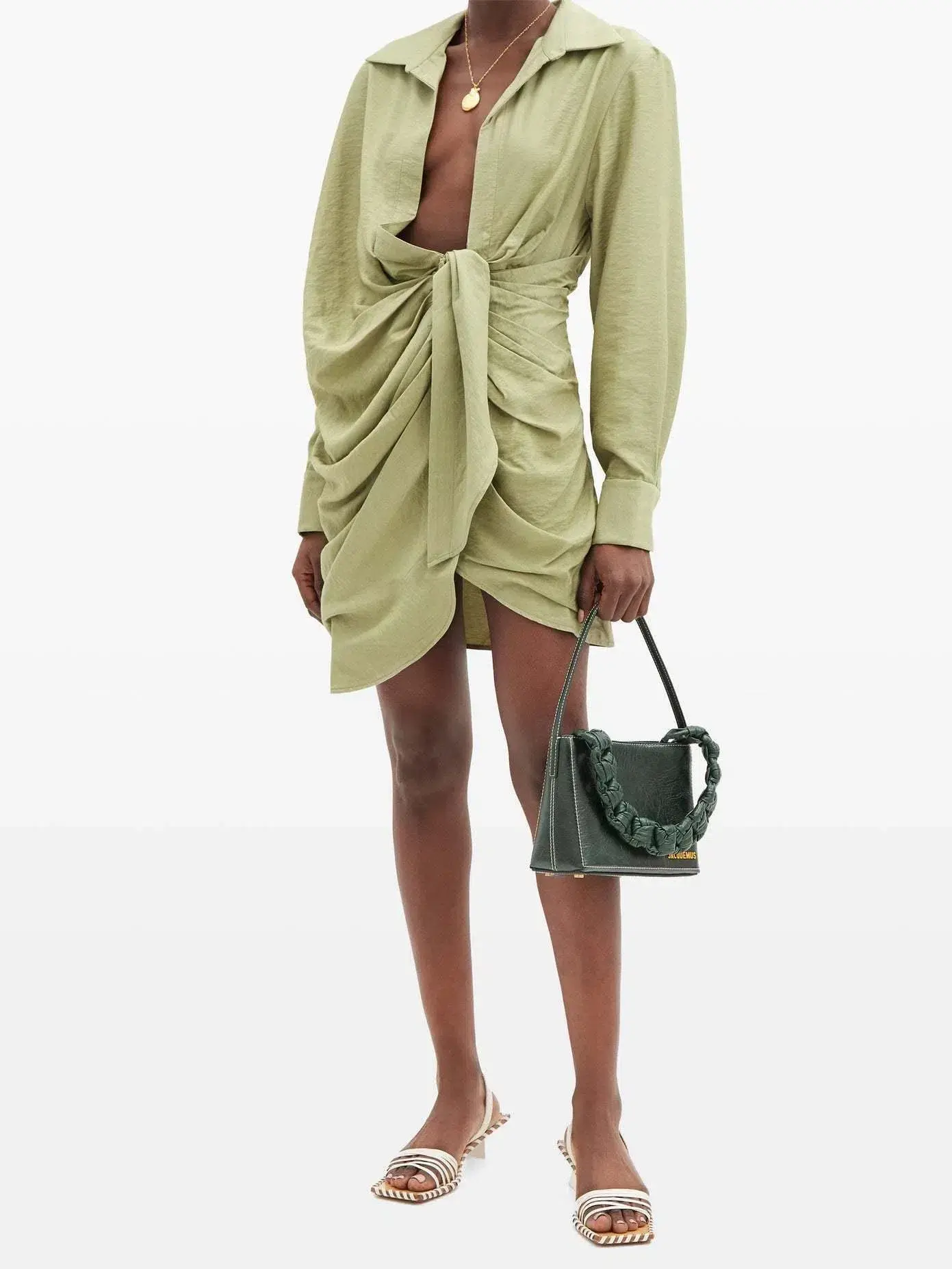 Jacquemus La Robe Bahia Draped Shirt Mini Dress in Sage Green Size 6 - Image 1