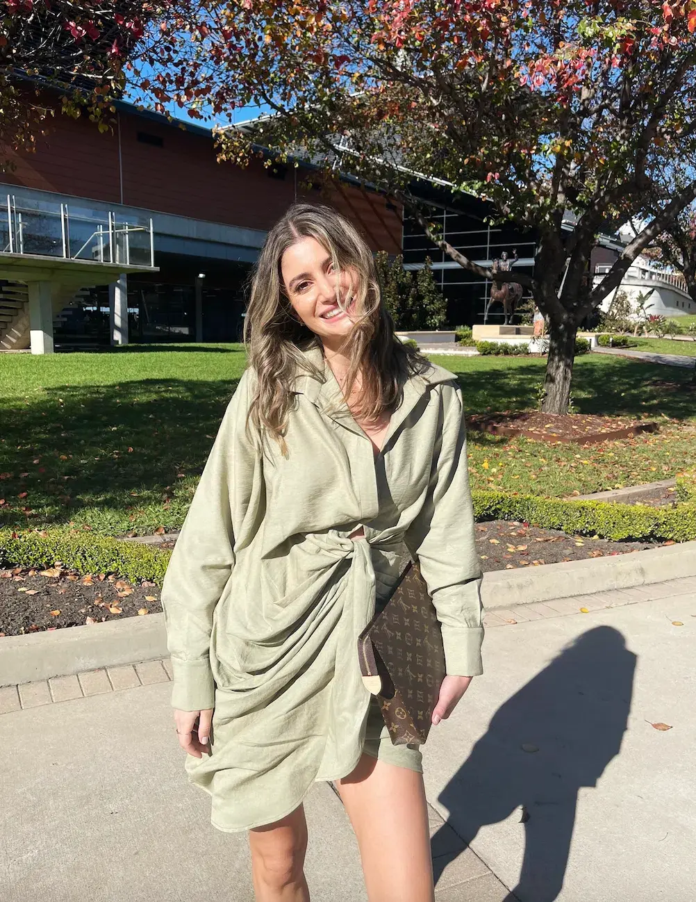 Jacquemus La Robe Bahia Draped Shirt Mini Dress in Sage Green Size 6 for rent on The Volte - main image