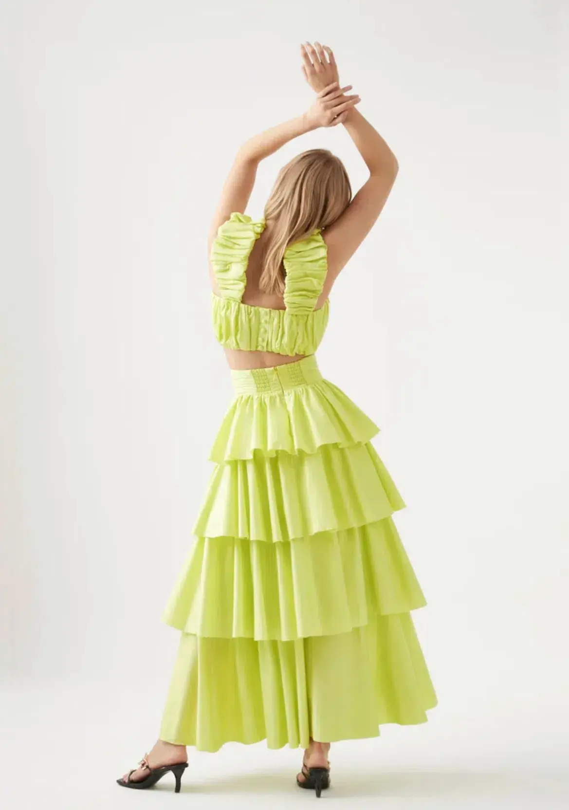 Aje Medina Ruched Cropped Top and Tiered Midi Skirt Set Light Lemon Size 10 - Image 3