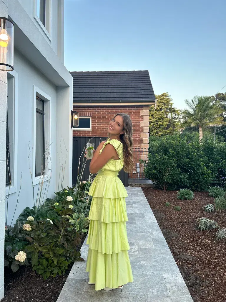 Aje Medina Ruched Cropped Top and Tiered Midi Skirt Set Light Lemon Size 10 - Image 4