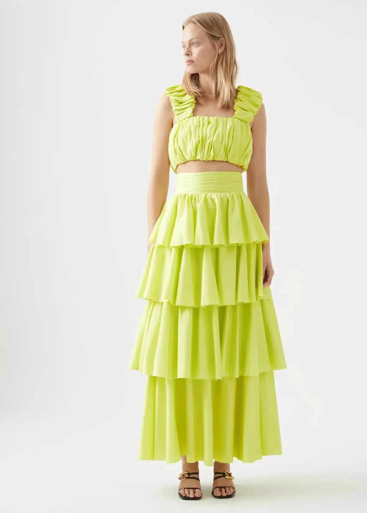 Aje Medina Ruched Cropped Top and Tiered Midi Skirt Set Light Lemon Size 10 - Image 1