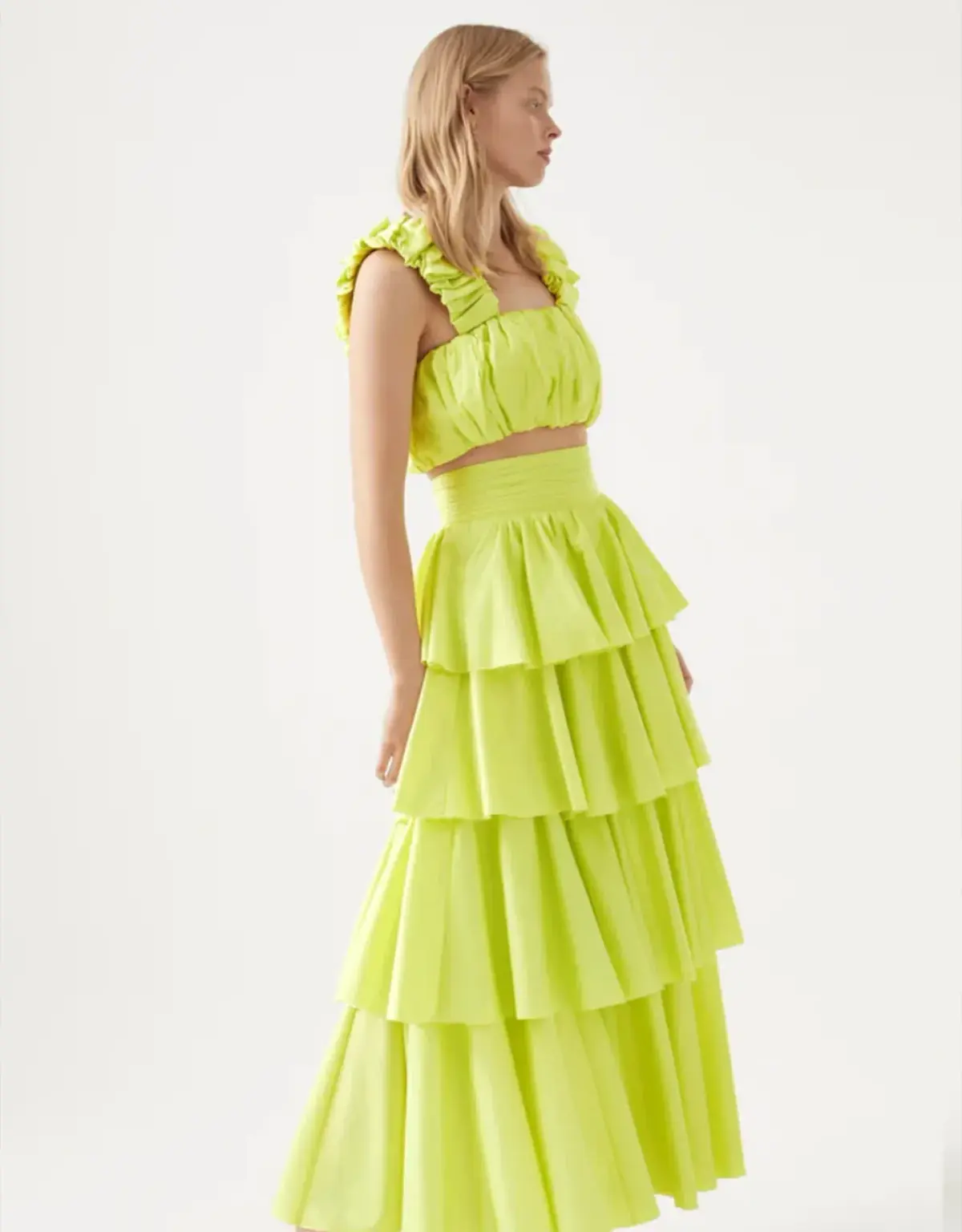 Aje Medina Ruched Cropped Top and Tiered Midi Skirt Set Light Lemon Size 10 - Image 2