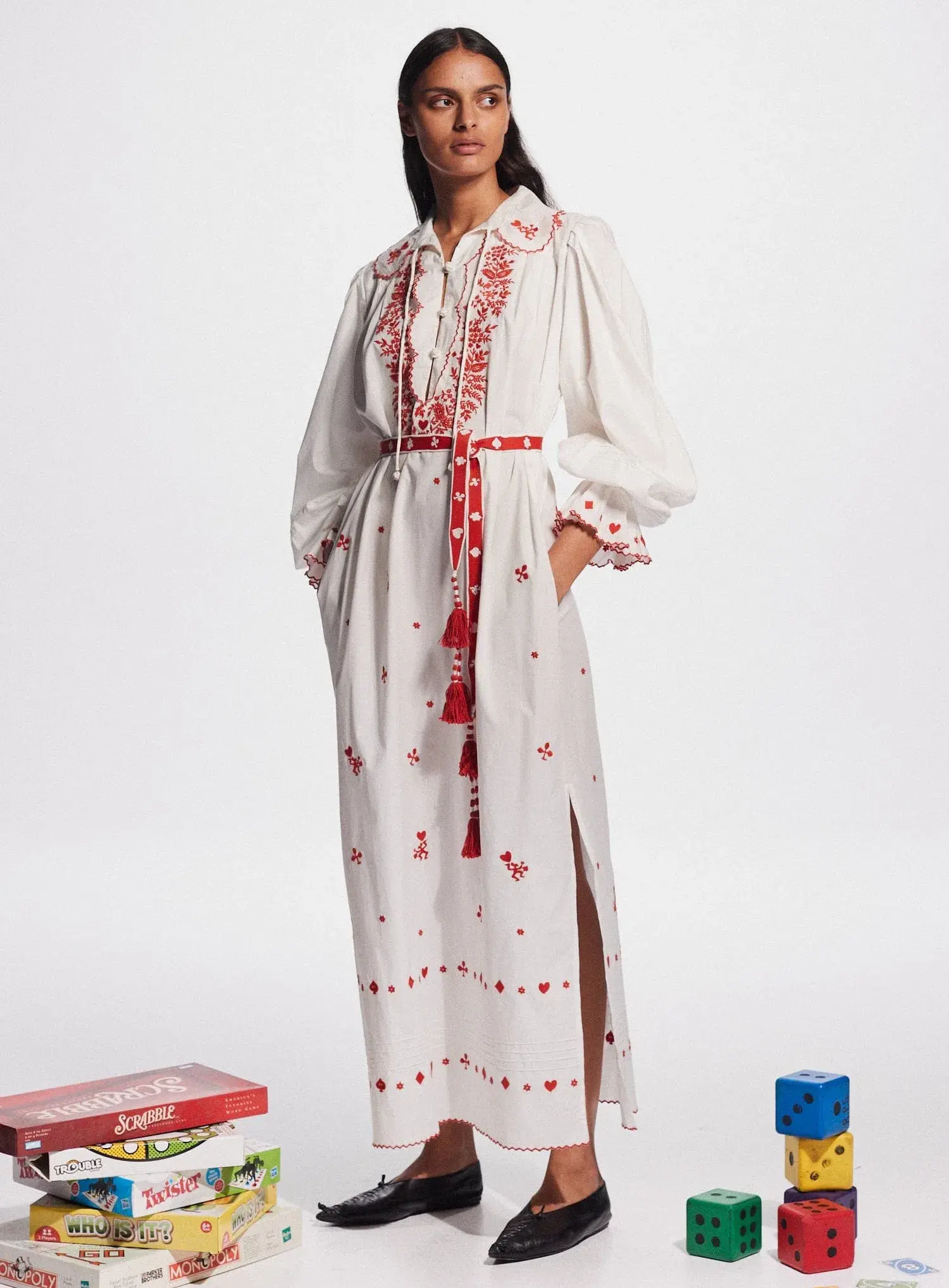 Alemais Hearts Embroidered Midi Dress White/Red Size 14 - Image 1