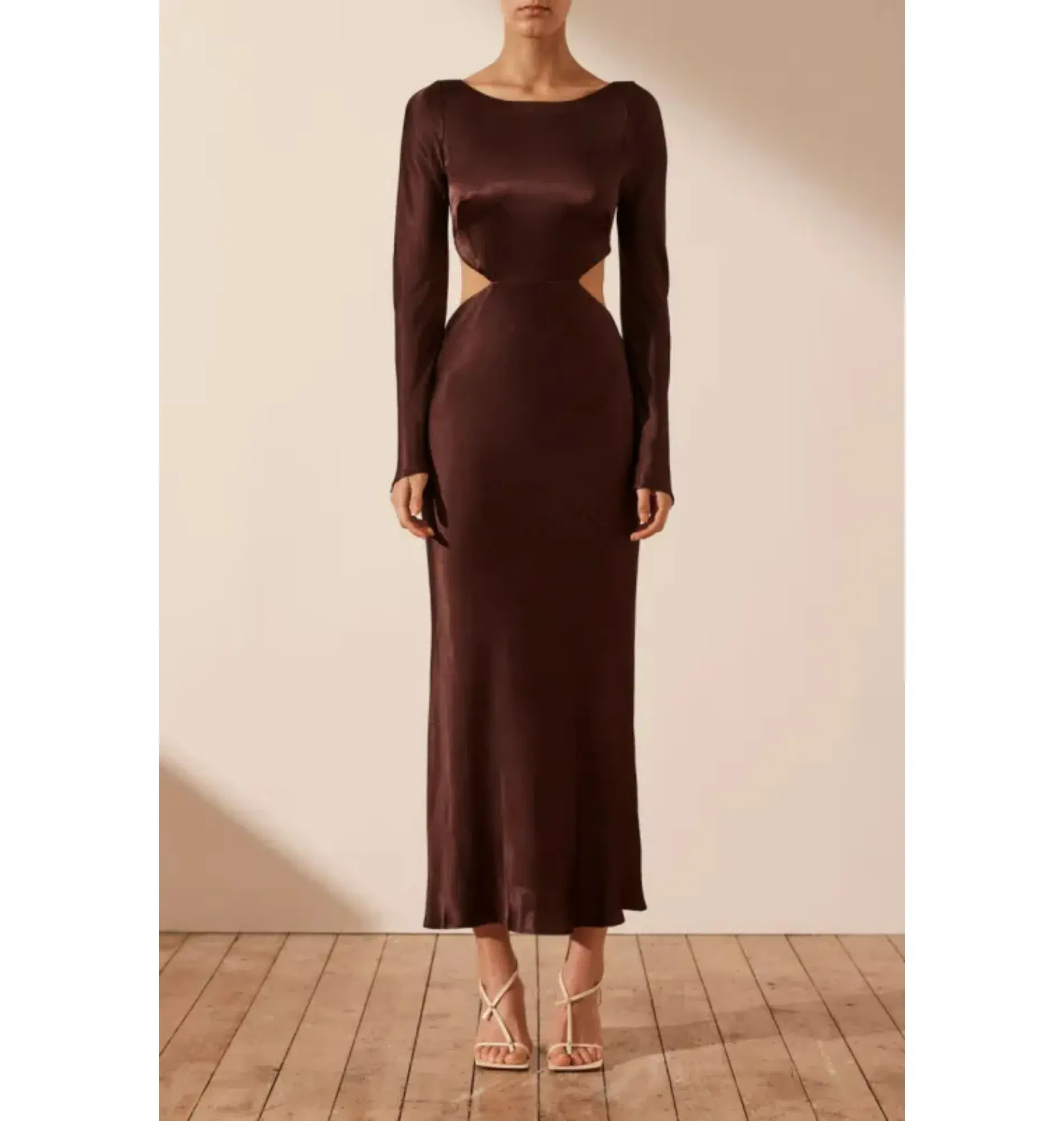 Shona Joy Lana Long Sleeve Open Back Midi Dress Cocoa Size AU 8 - Image 1