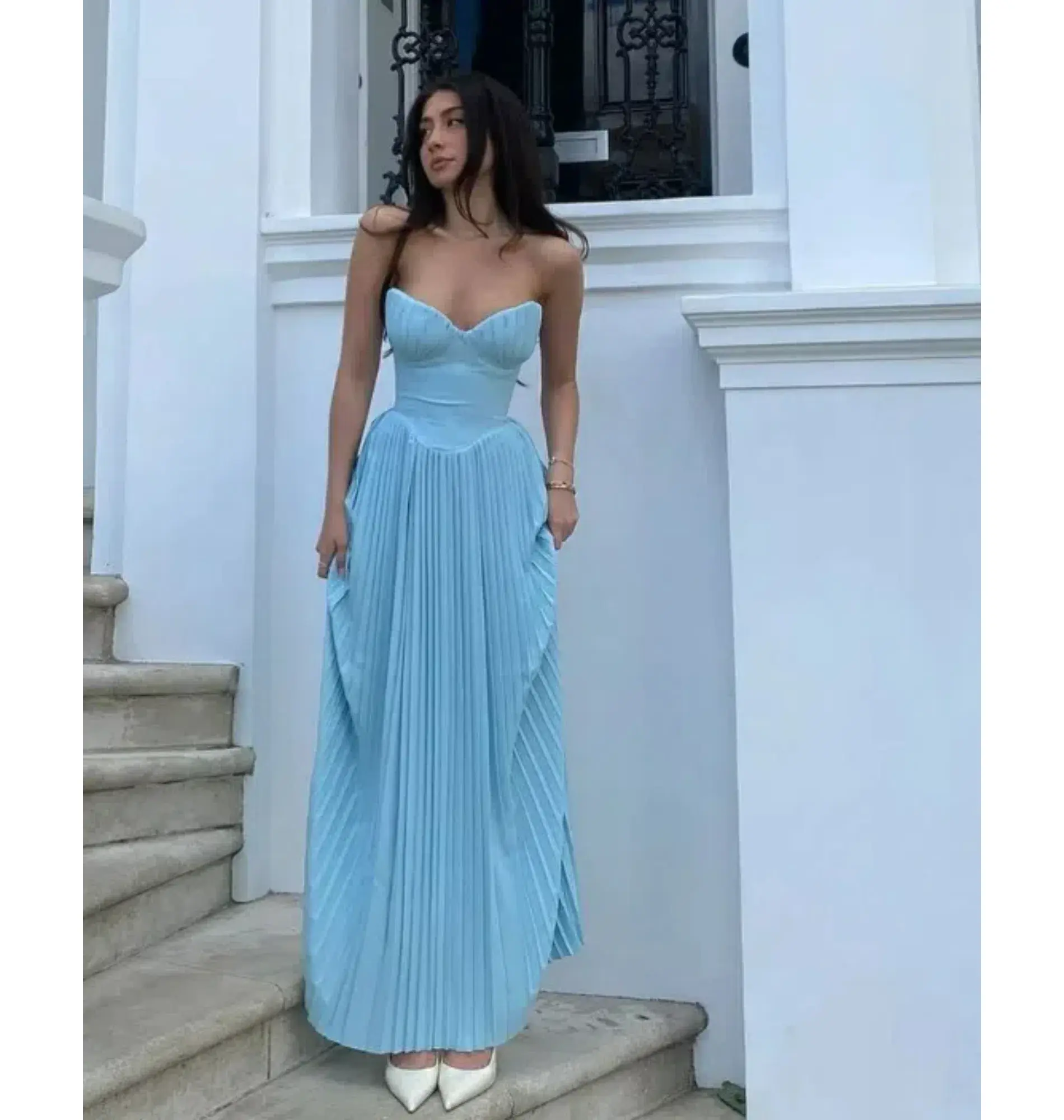 House Of CB Marcella Pleated Maxi Dress Ocean Blue Size AU 8 - Image 4