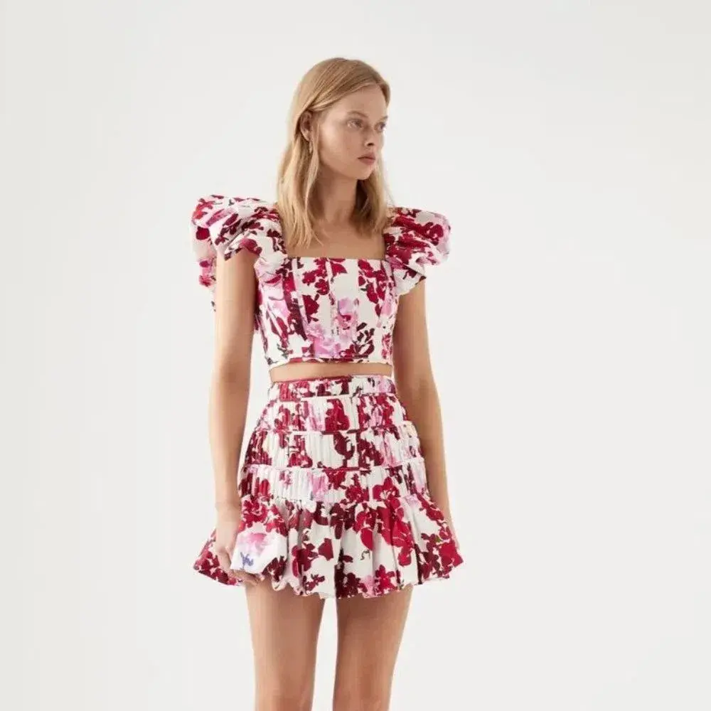 Aje Margot Bubble Frill Top and La Vie Bubble Mini Skirt Set Roses Of Provence Print Size 14 - Image 3