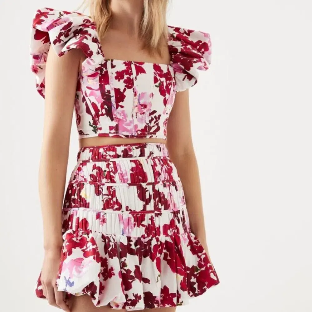 Aje Margot Bubble Frill Top and La Vie Bubble Mini Skirt Set Roses Of Provence Print Size 14 - Image 4