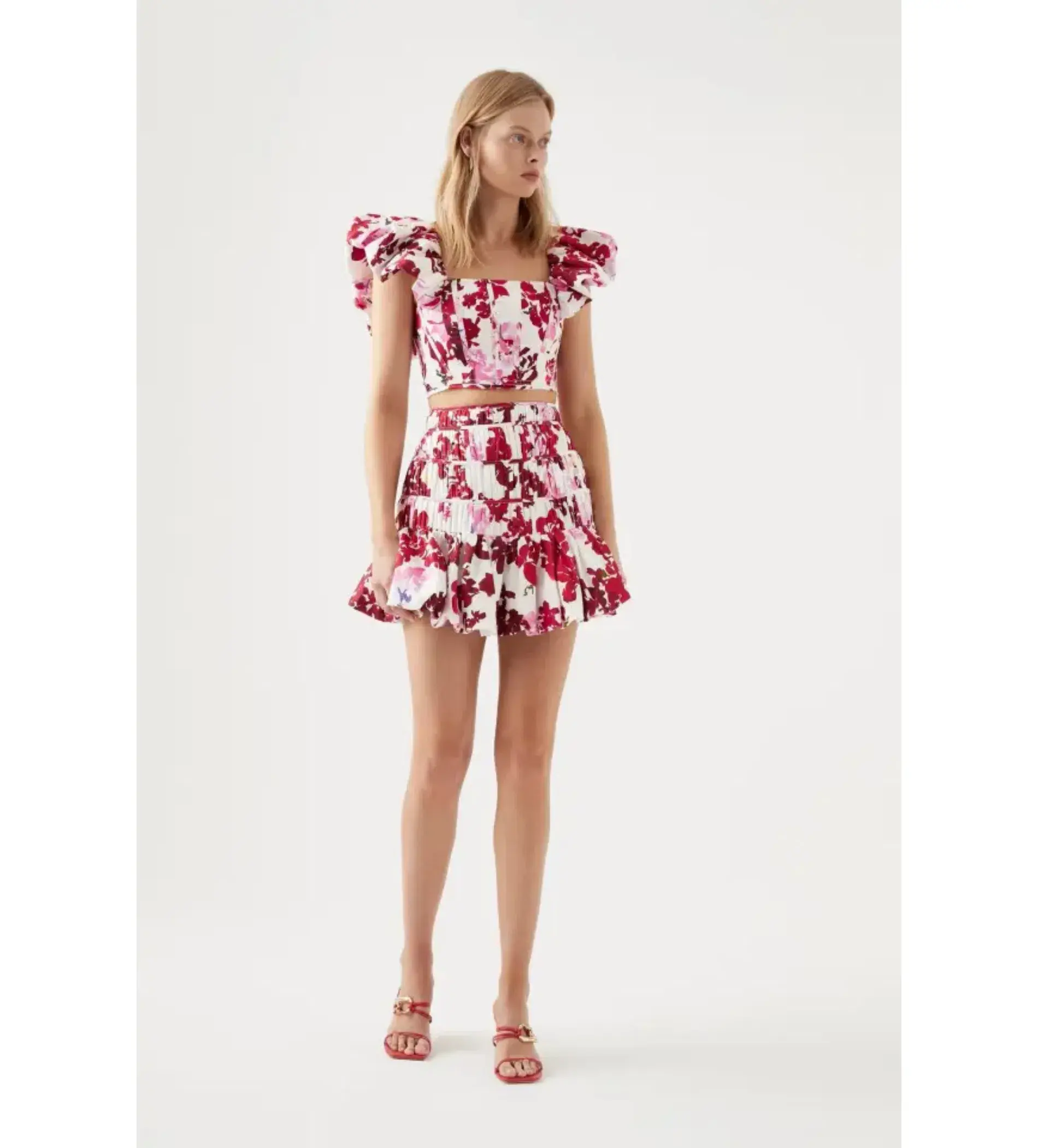 Aje Margot Bubble Frill Top and La Vie Bubble Mini Skirt Set Roses Of Provence Print Size 14 - Image 1