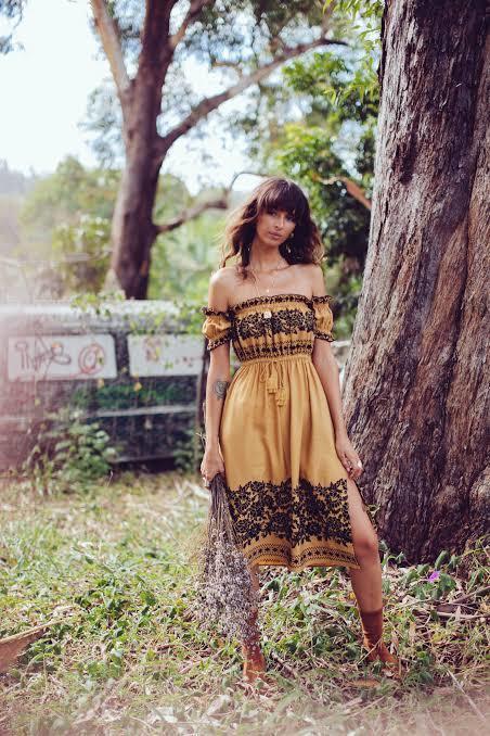 Spell & the Gypsy Collective Venus Off Shoulder Mid Dress Yellow Size 12 - Image 4