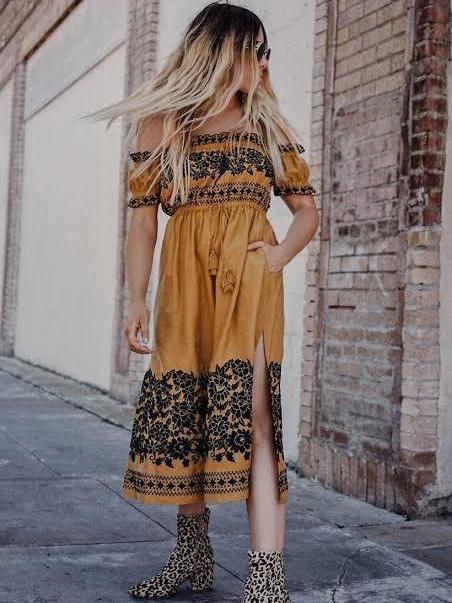 Spell & the Gypsy Collective Venus Off Shoulder Mid Dress Yellow Size 12 for rent on The Volte - main image