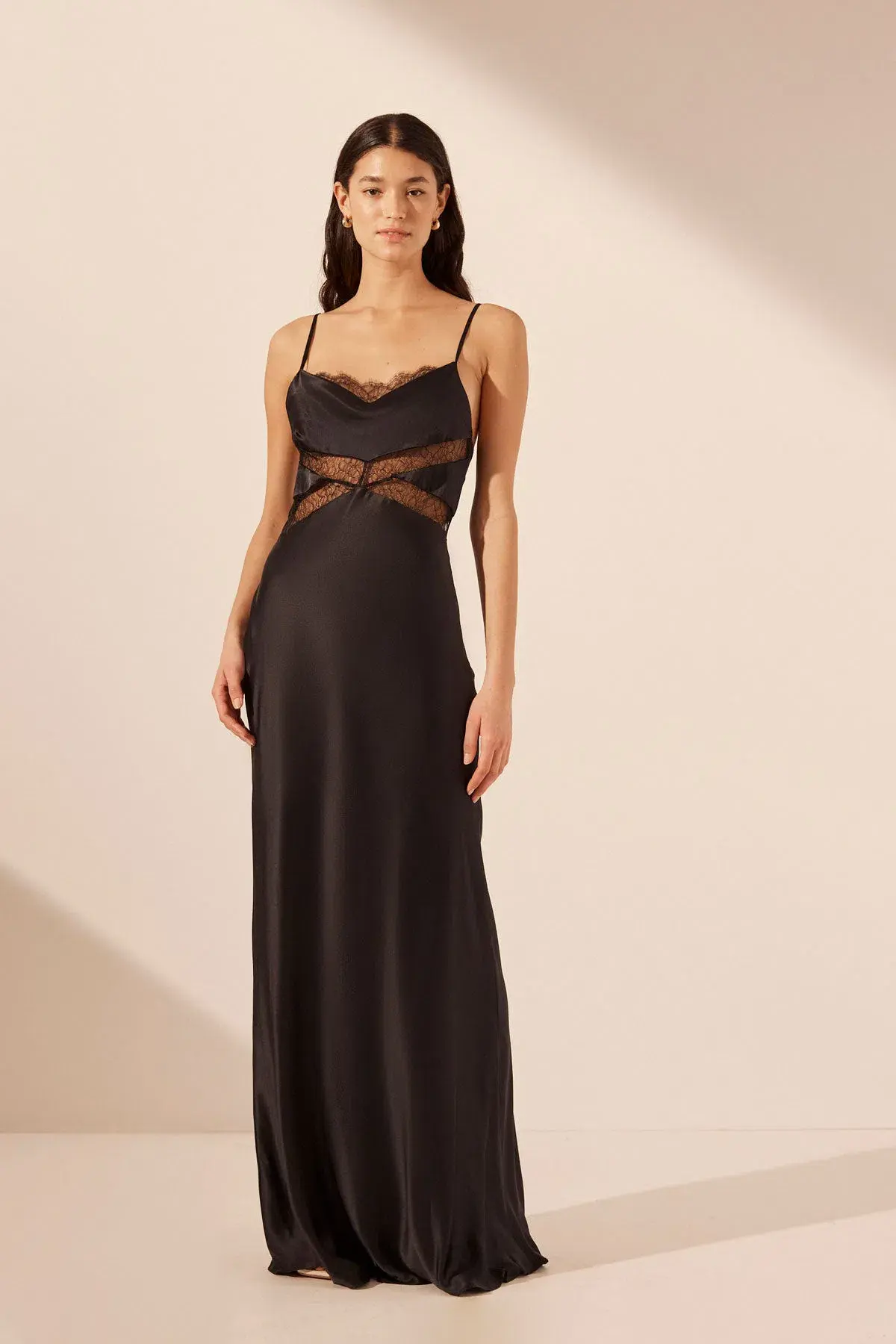 Shona Joy Leticia Silk Cowl Neck Lace Maxi Dress Black Size 6  - Image 1