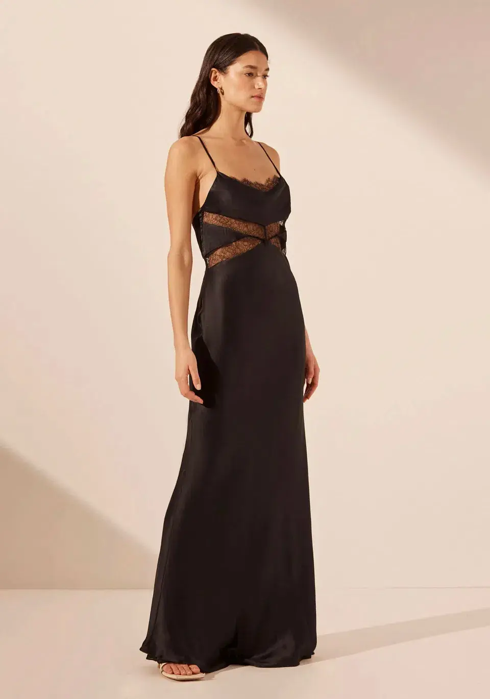 Shona Joy Leticia Silk Cowl Neck Lace Maxi Dress Black Size 6  - Image 3
