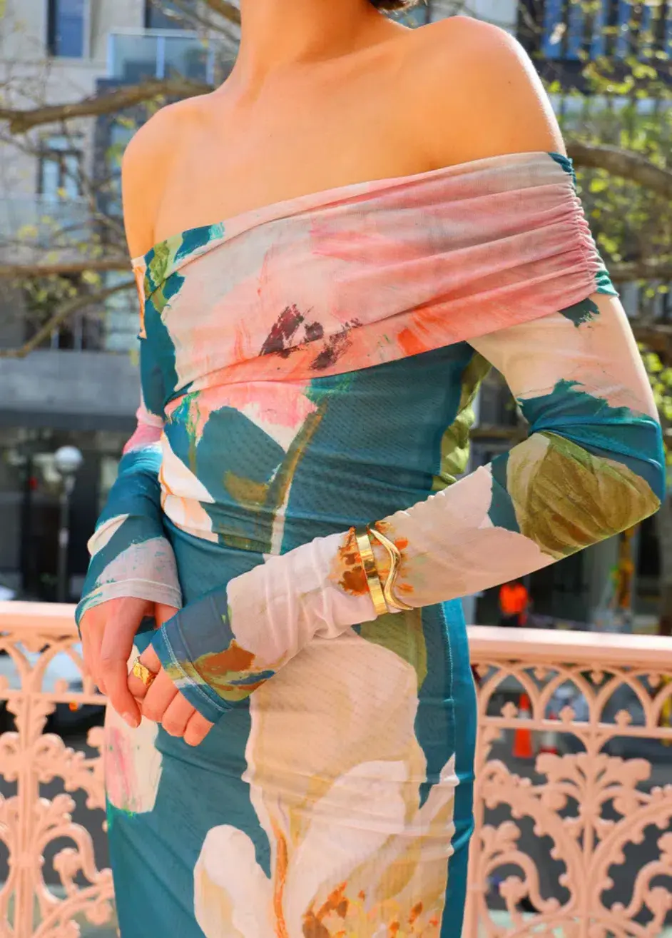 By Nicola Paloma Off Shoulder Mesh Dress Pine Green Floral Print Size 10 for rent on The Volte - main image