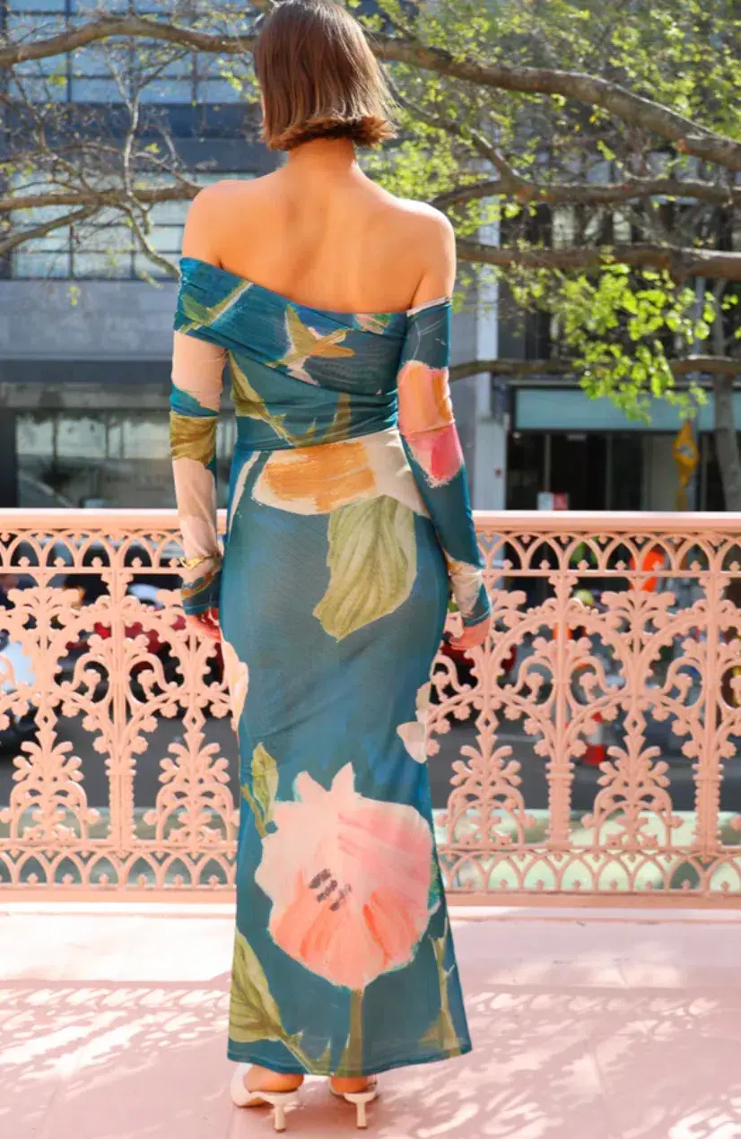 By Nicola Paloma Off Shoulder Mesh Dress Pine Green Floral Print Size 10 for rent on The Volte - main image