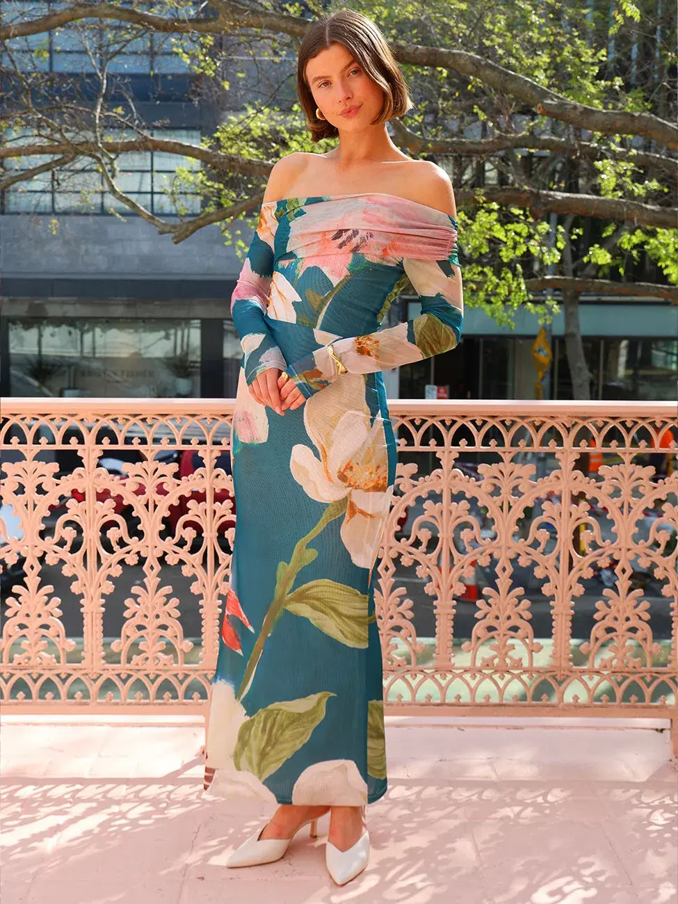 By Nicola Paloma Off Shoulder Mesh Maxi Dress in Pine Green Floral Size 16 - Image 1