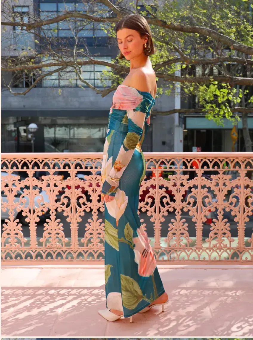 By Nicola Paloma Off Shoulder Mesh Maxi Dress in Pine Green Floral Size 14 - Image 5