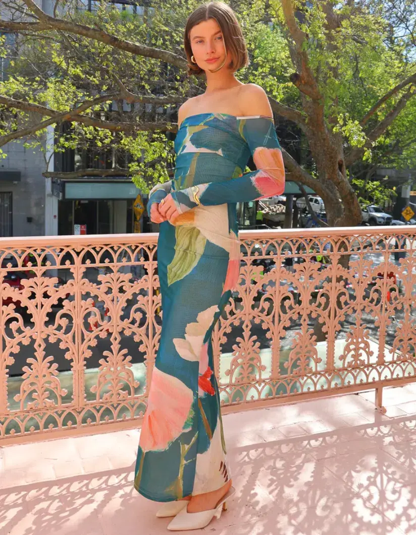 By Nicola Paloma Off Shoulder Mesh Maxi Dress in Pine Green Floral Size 12 - Image 4