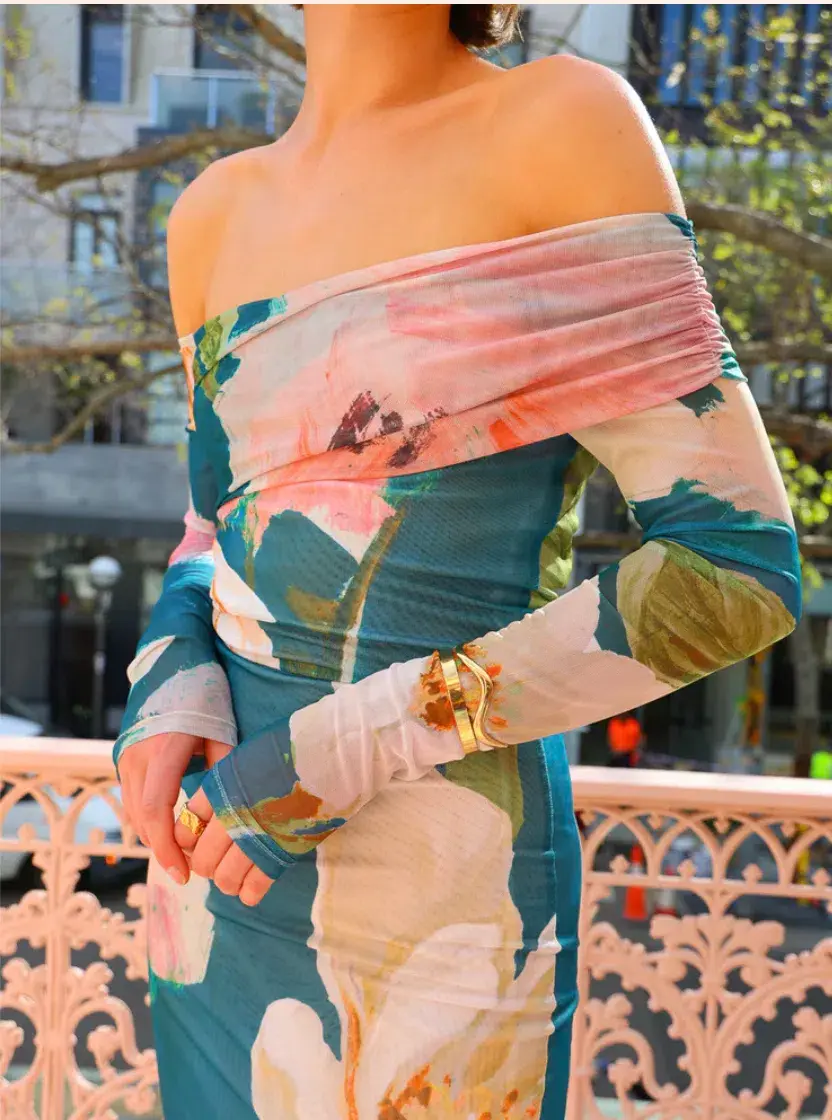 By Nicola Paloma Off Shoulder Mesh Maxi Dress in Pine Green Floral Size 12 - Image 2