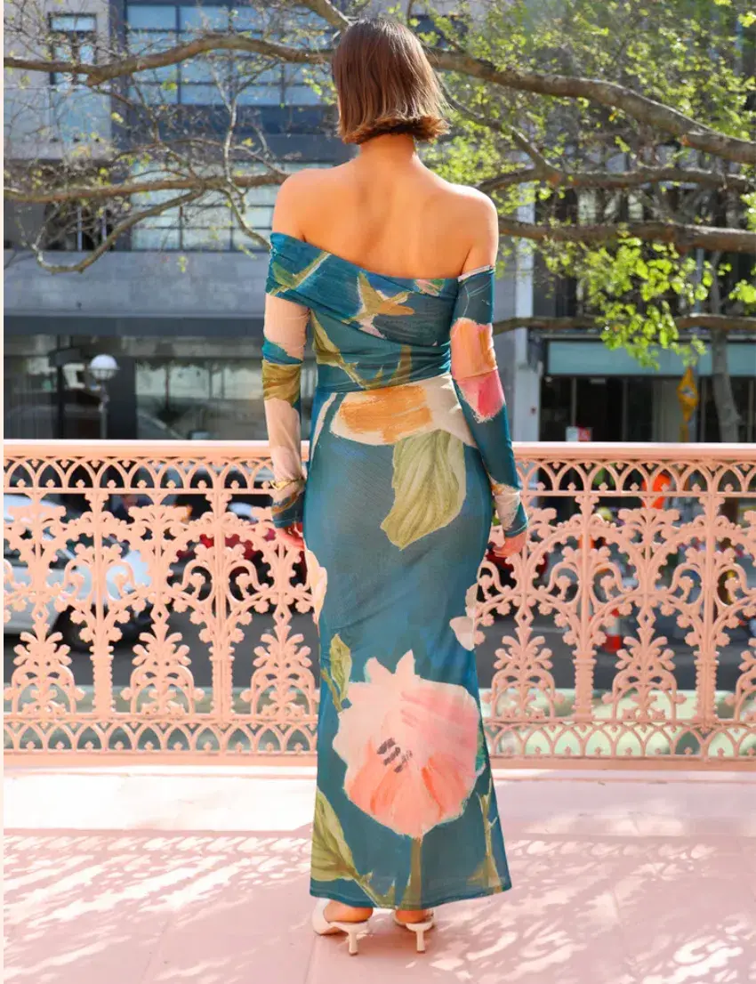 By Nicola Paloma Off Shoulder Mesh Maxi Dress in Pine Green Floral Size 8 - Image 3