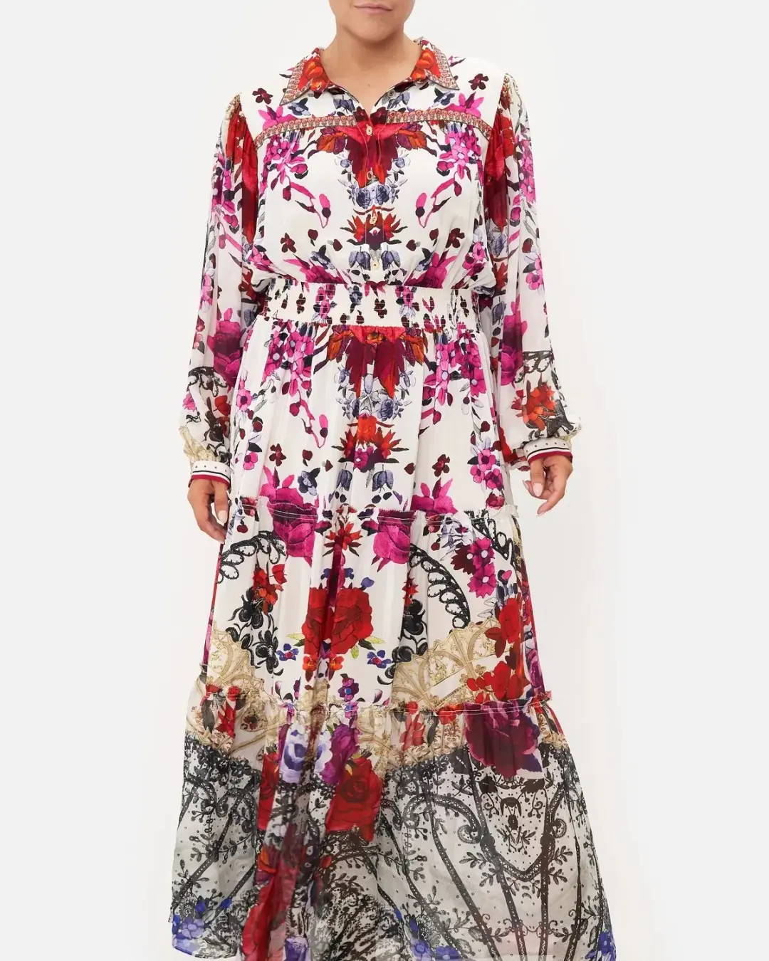 Camilla Button Through Tiered Maxi Dress Reign of Roses Print Size XL / AU 16  for rent on The Volte - main image