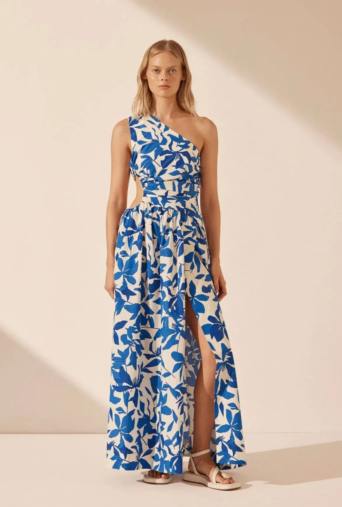 Shona Joy Bleue Asymmetrical Cut Out Maxi Dress Ivory/Aqua Print Size 12 - Image 1