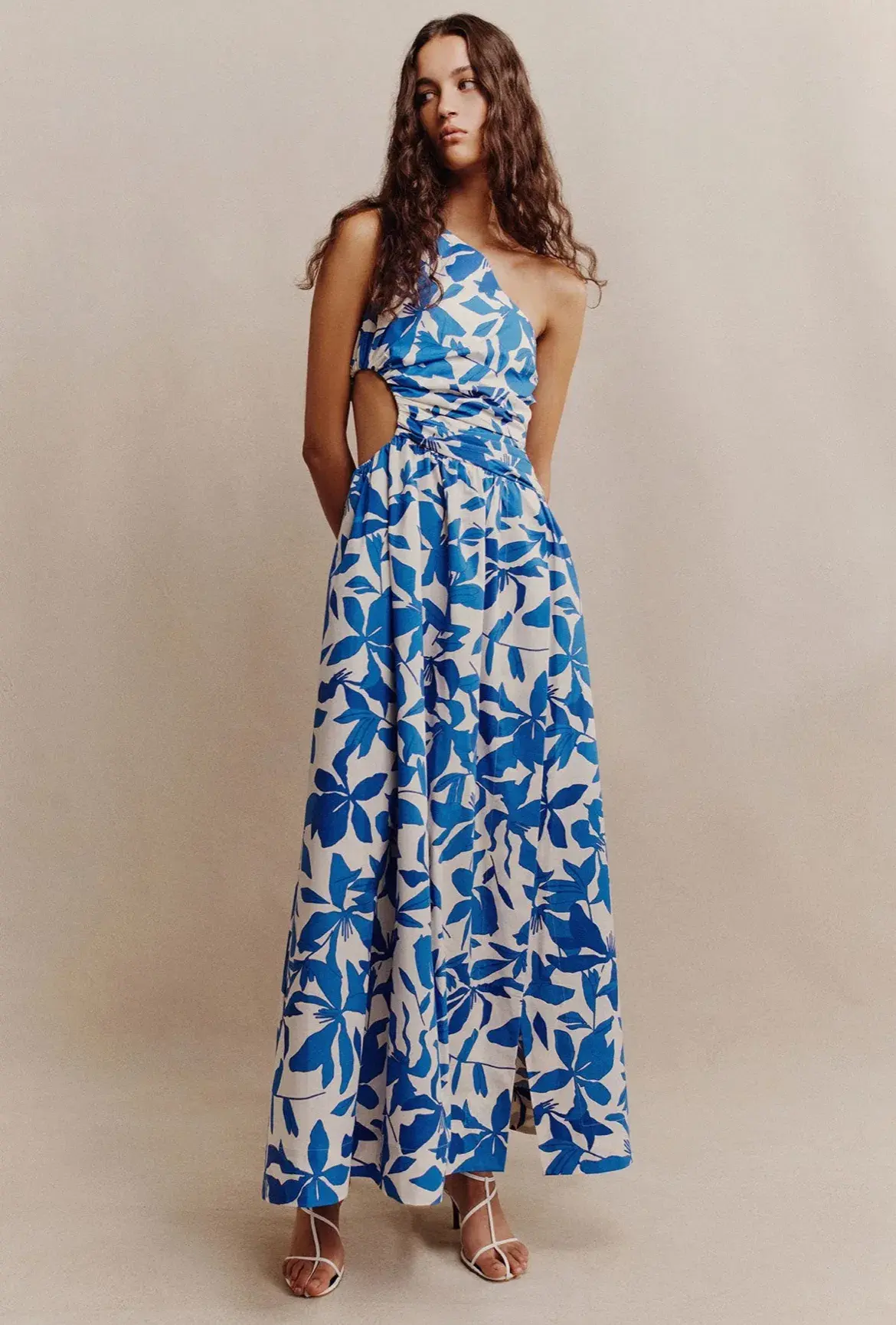 Shona Joy Bleue Asymmetrical Cut Out Maxi Dress Ivory/Aqua Print Size 12 - Image 6