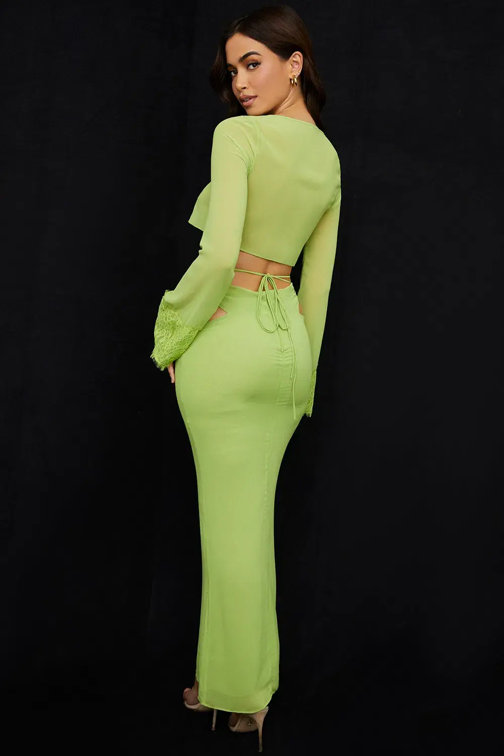 House of CB Tara Georgette Cropped Top Size M & Madeline Georgette Maxi Skirt Size L Set Lime Green - Image 3