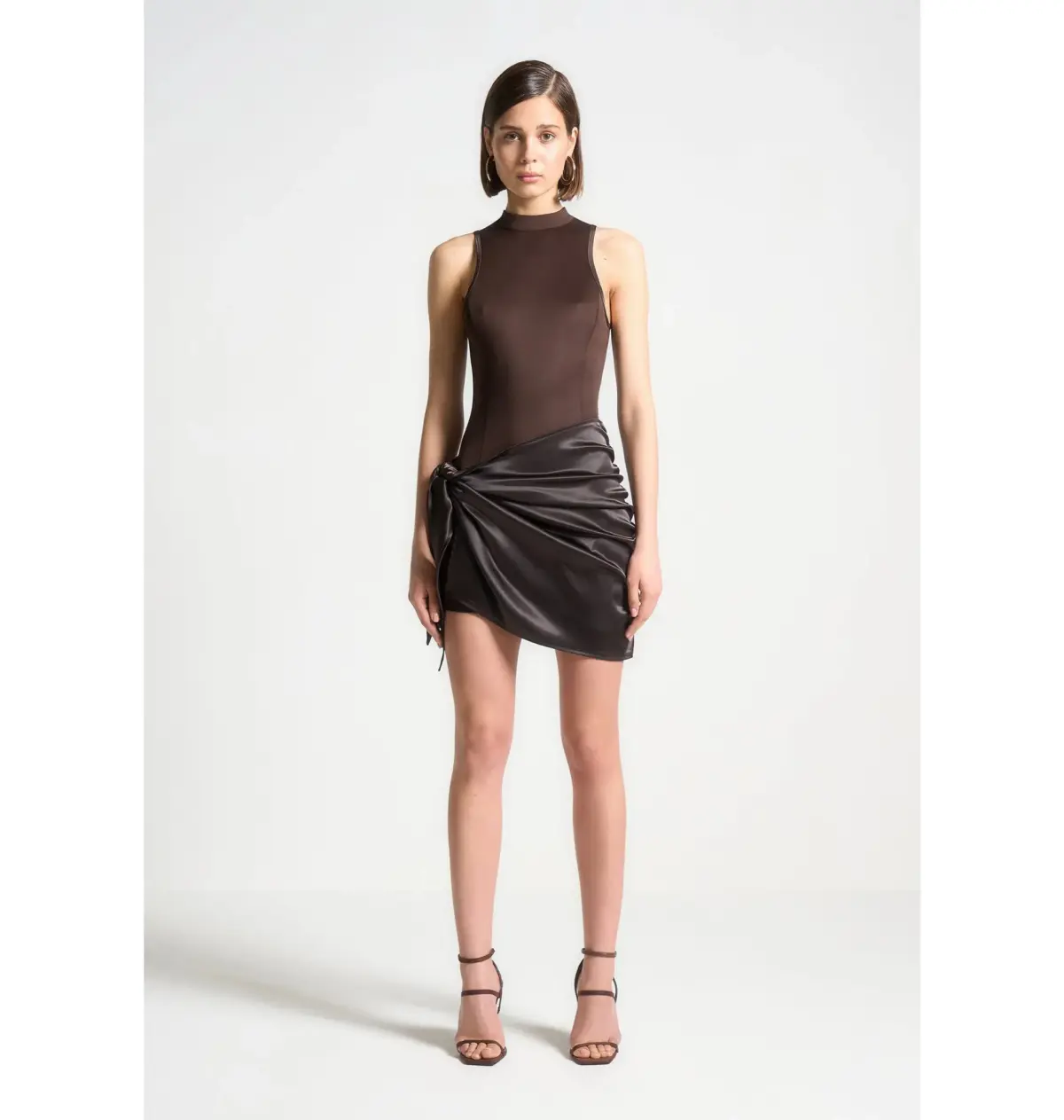 Maniere De Voir Neoprene & Satin Wrap Bodycon Dress Brown Size AU 8 - Image 1