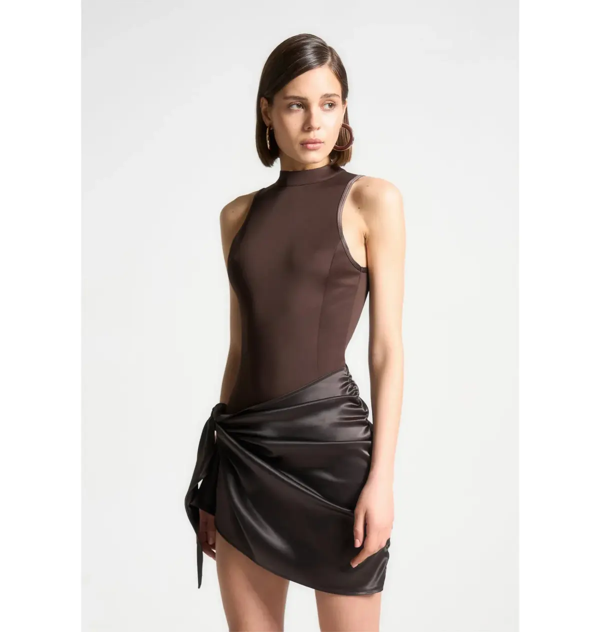 Maniere De Voir Neoprene & Satin Wrap Bodycon Dress Brown Size AU 8 - Image 2