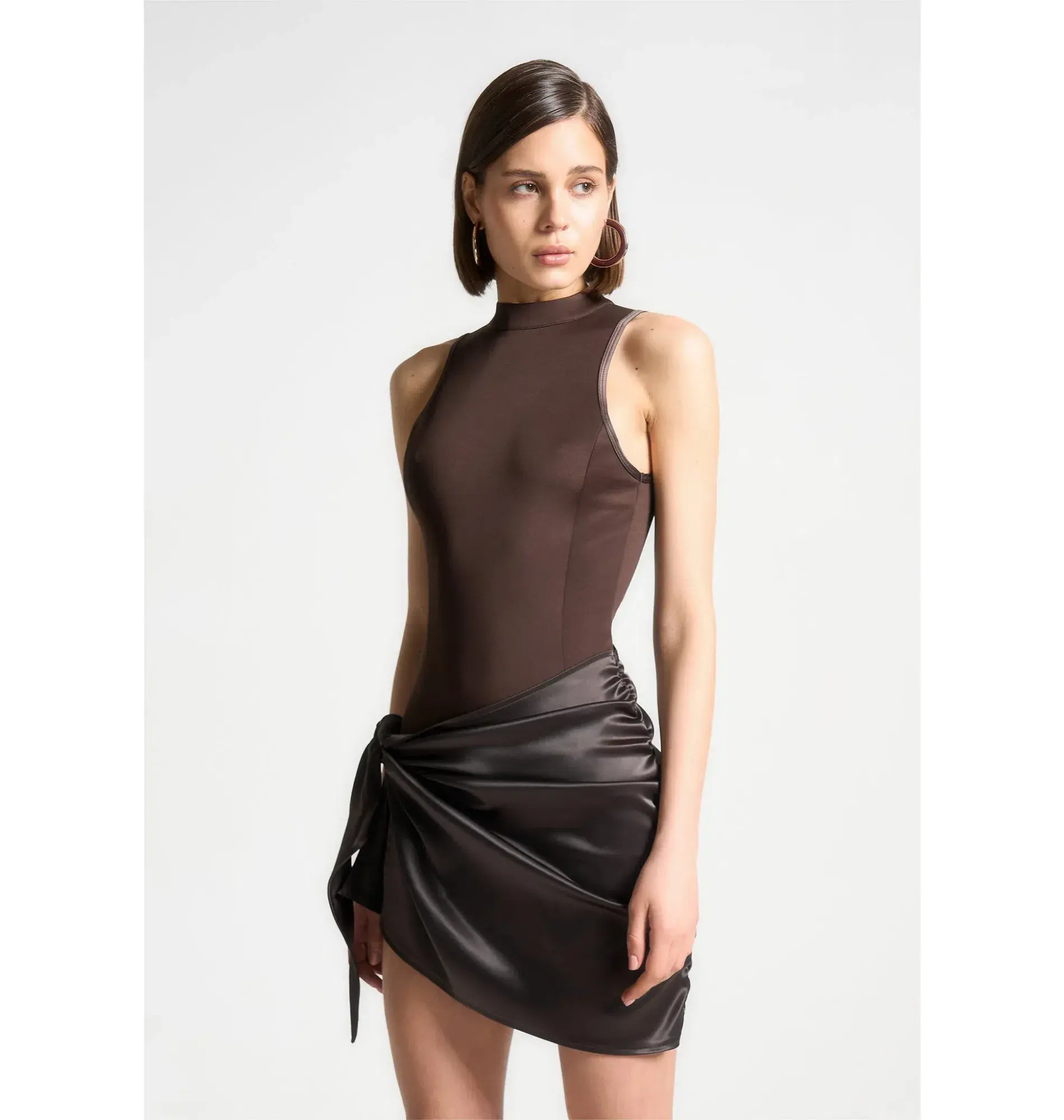 Maniere De Voir Neoprene & Satin Wrap Bodycon Dress Brown Size AU 8 - Image 2