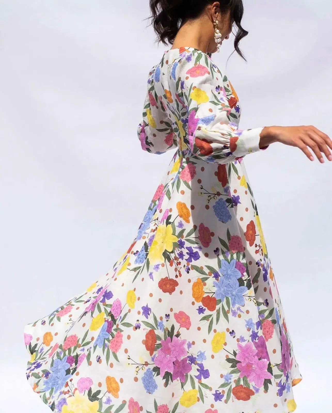 Isabella Longginou Polka Dot Floral Cuff Sleeve Midi Dress Multi Size 12 - Image 3