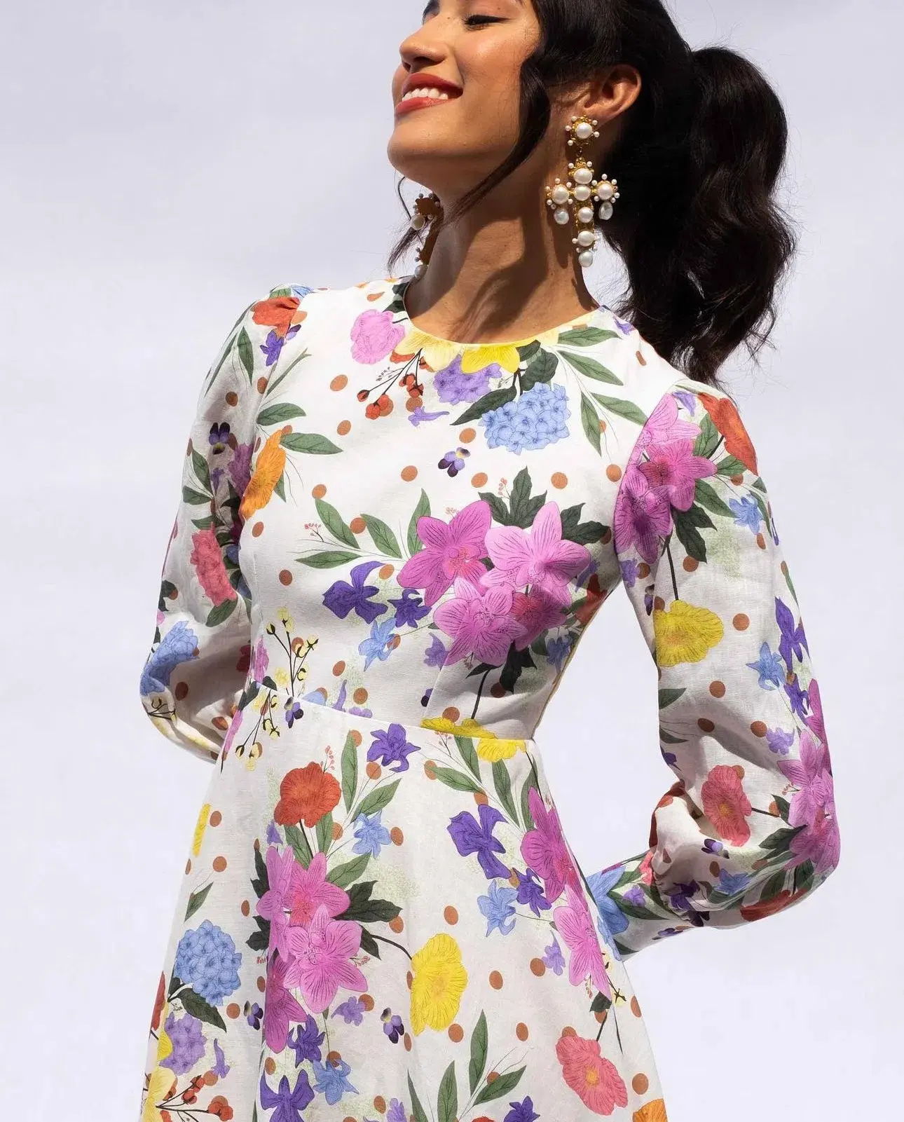 Isabella Longginou Polka Dot Floral Cuff Sleeve Midi Dress Multi Size 12 - Image 2