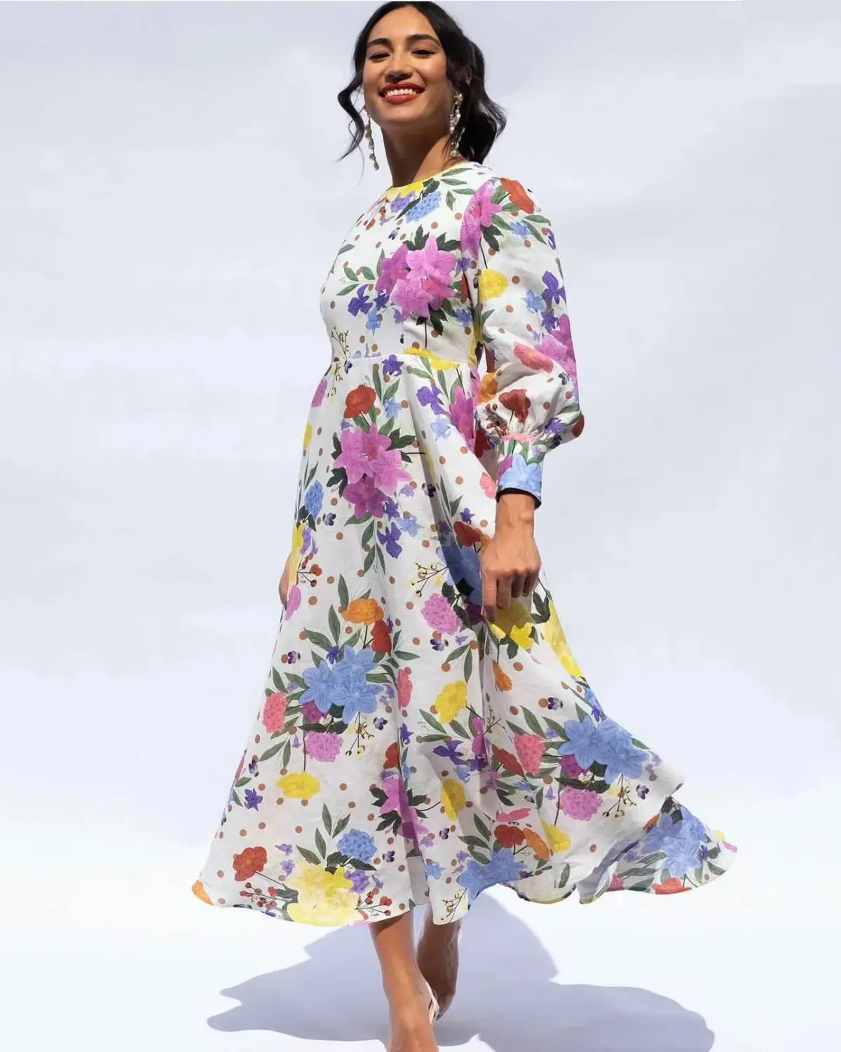 Isabella Longginou Polka Dot Floral Cuff Sleeve Midi Dress Multi Size 12 - Image 1