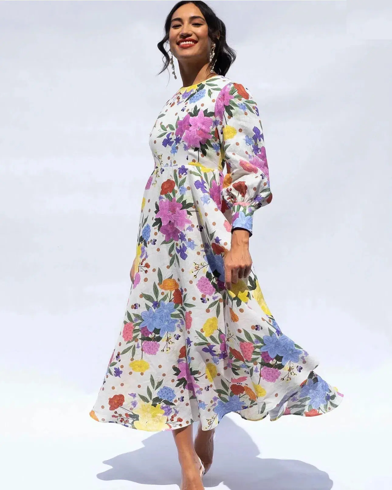 Isabella Longginou Polka Dot Floral Cuff Sleeve Midi Dress Multi Size 12 - Image 1