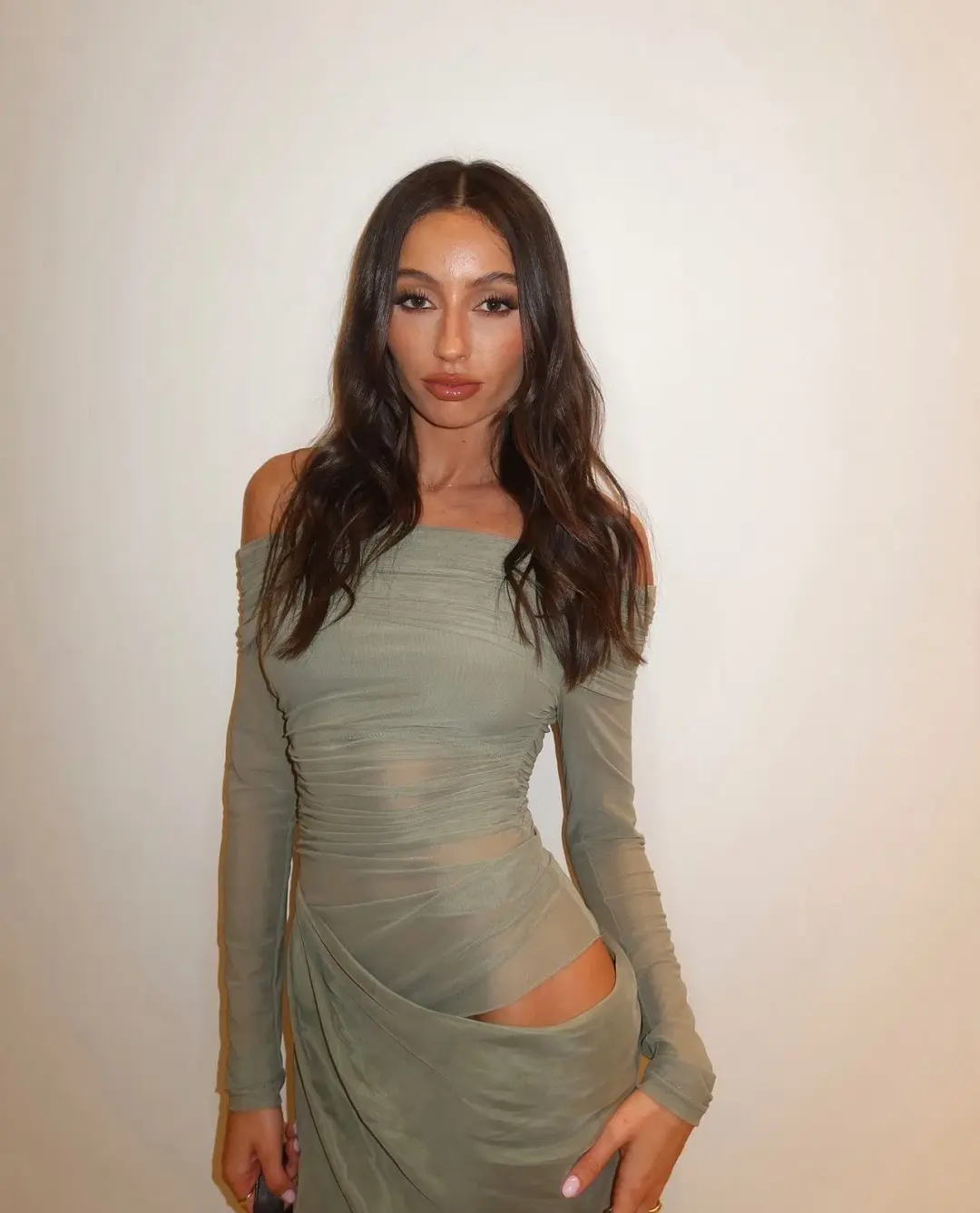 Benni Yasmin Off Shoulder Maxi Dress Pistachio Green Size 6 for rent on The Volte - main image