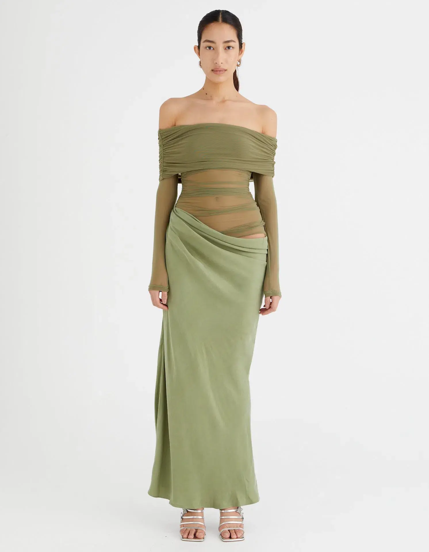 Benni Yasmin Off Shoulder Maxi Dress Pistachio Green Size 6 - Image 1