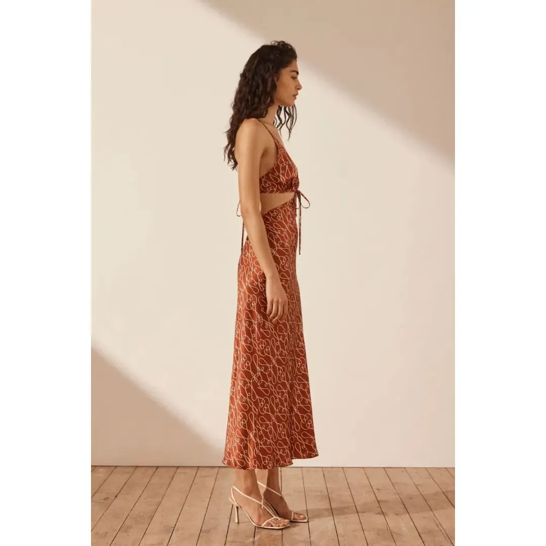Shona Joy Artisti Silk Cut Out Tie Back Midi Dress Print Size 6  for rent on The Volte - main image